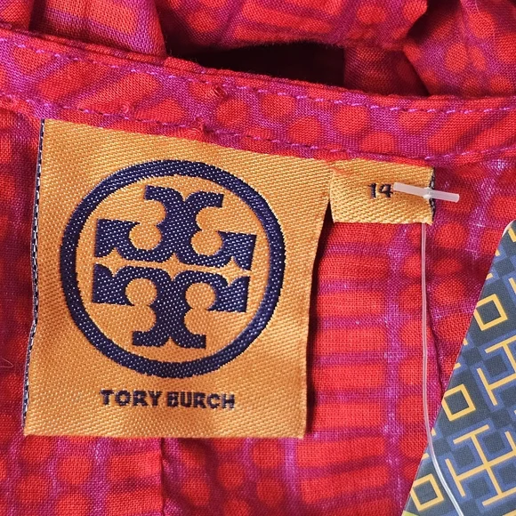 Tory Burch Semi sheer Sleeveless Red And Purple Patterned Blouse, Size Large - Picture 9 of 14